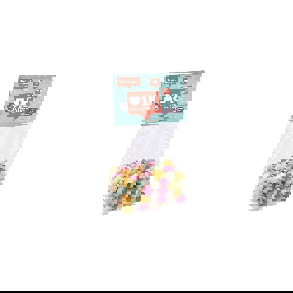 Blockbeutel mit Kopfkarte und 100 Gramm Süssigkeiten - transparent/weiß