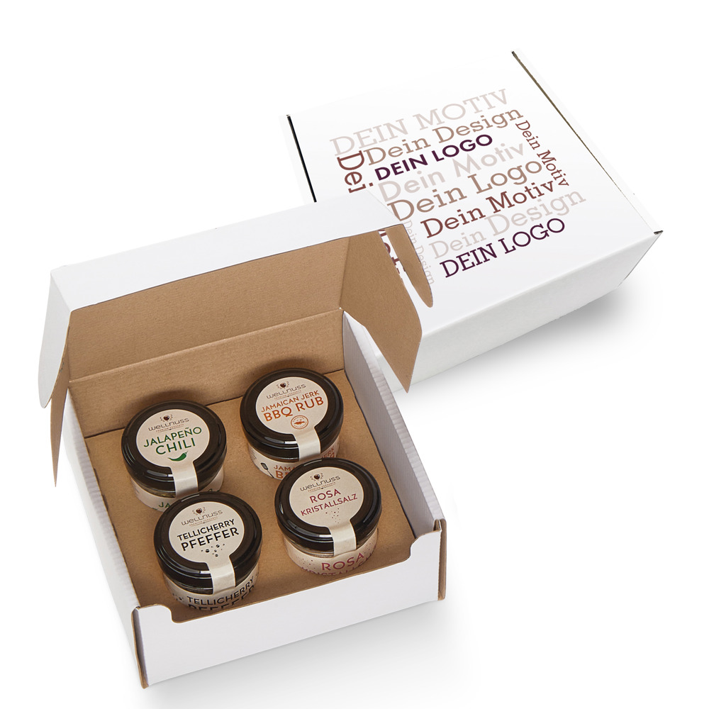 Geschenkkarton mit 4 Gourmet Gewürzen im Glas