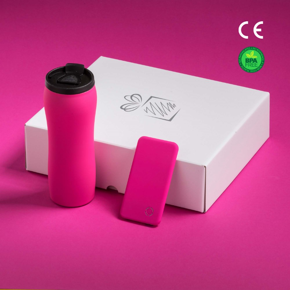 Auto Set: Thermosbecher 450 ml. & Ray Power Bank 4000 Mah - rosa