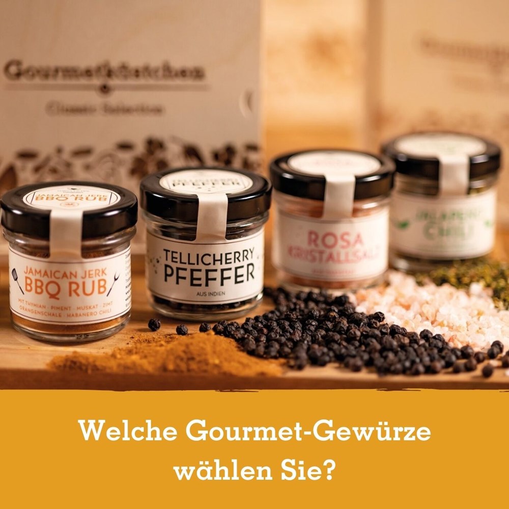 Gourmetkästchen mit 4 Gourmet Gewürzen - Tellicherry Pfeffer,   Kristallsalz, Jalapeno Chili grün und Jamaican BBQ Rub