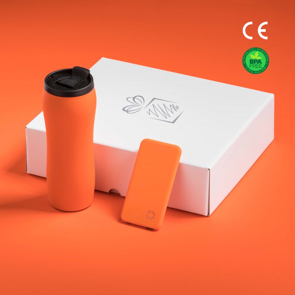 Auto Set: Thermosbecher 450 ml. & Ray Power Bank 4000 Mah - orange