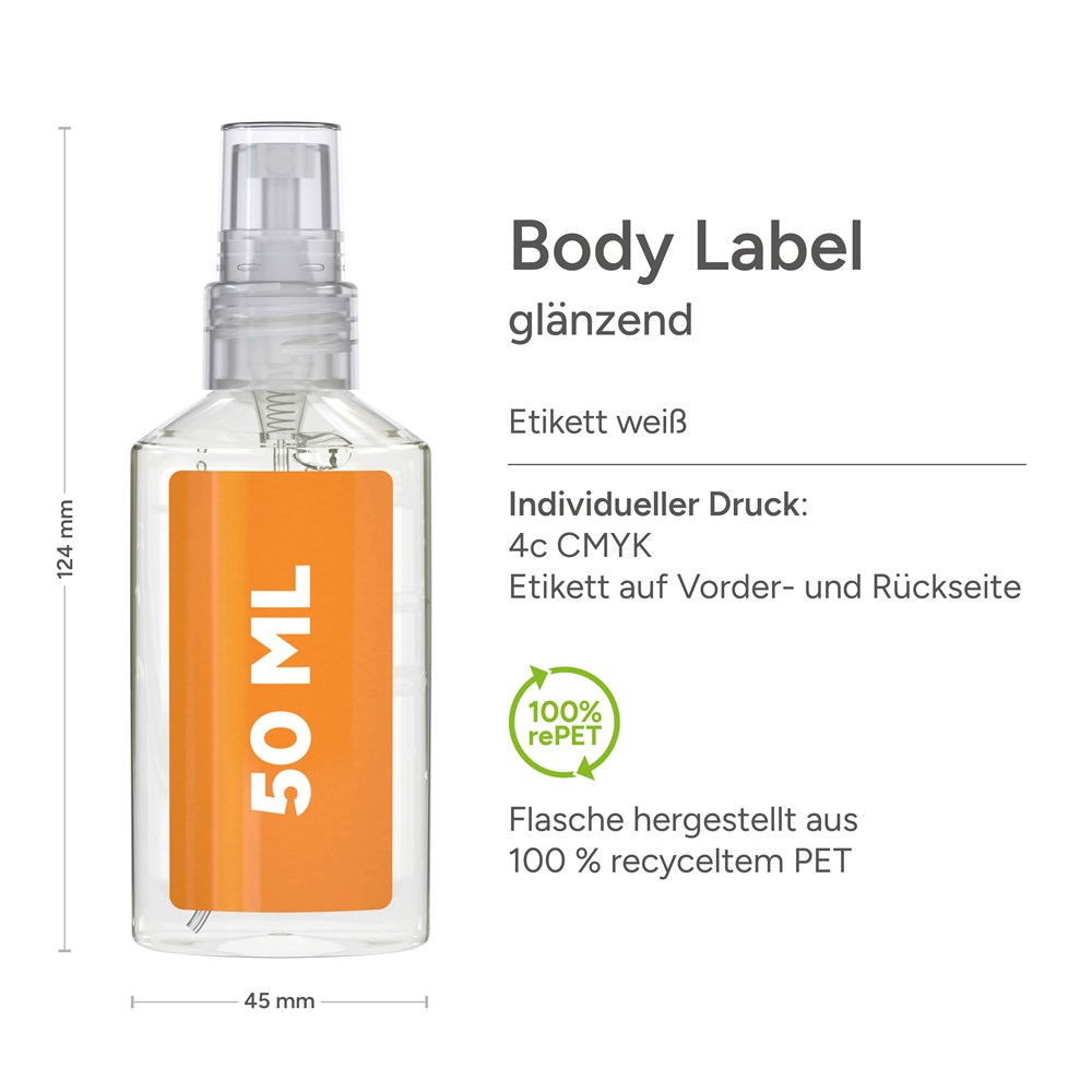 Handreinigungsspray, 50 ml, Body Label (R-PET)
