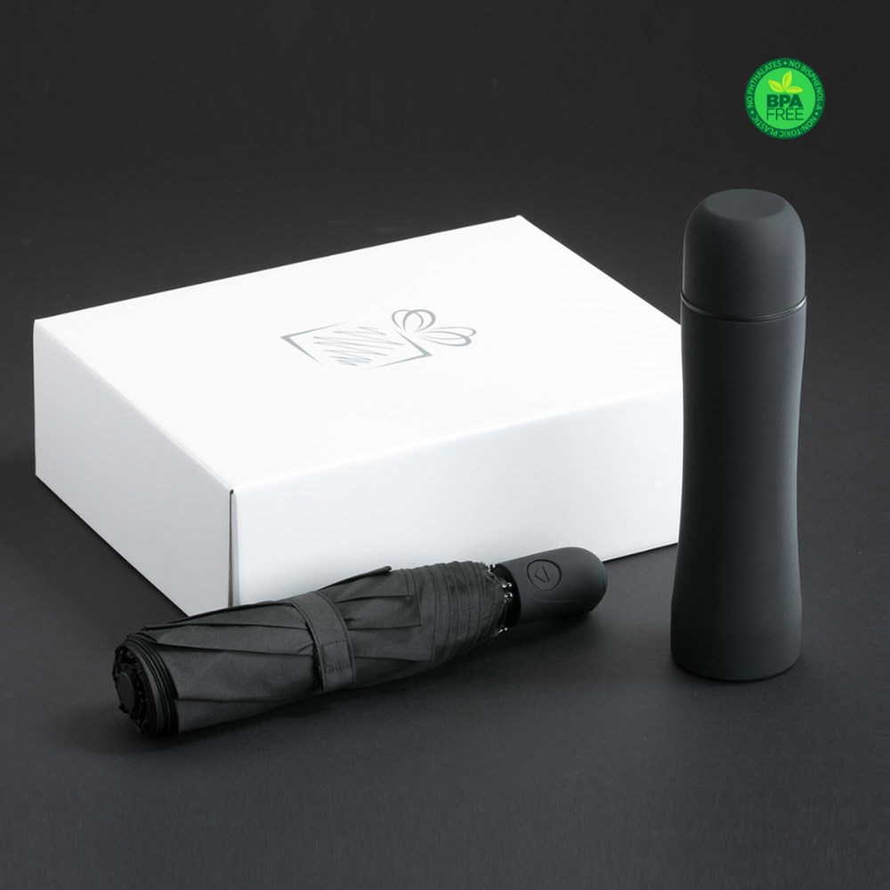 Auto Set: Thermosbecher & Vollautomatischer Regenschirm - schwarz