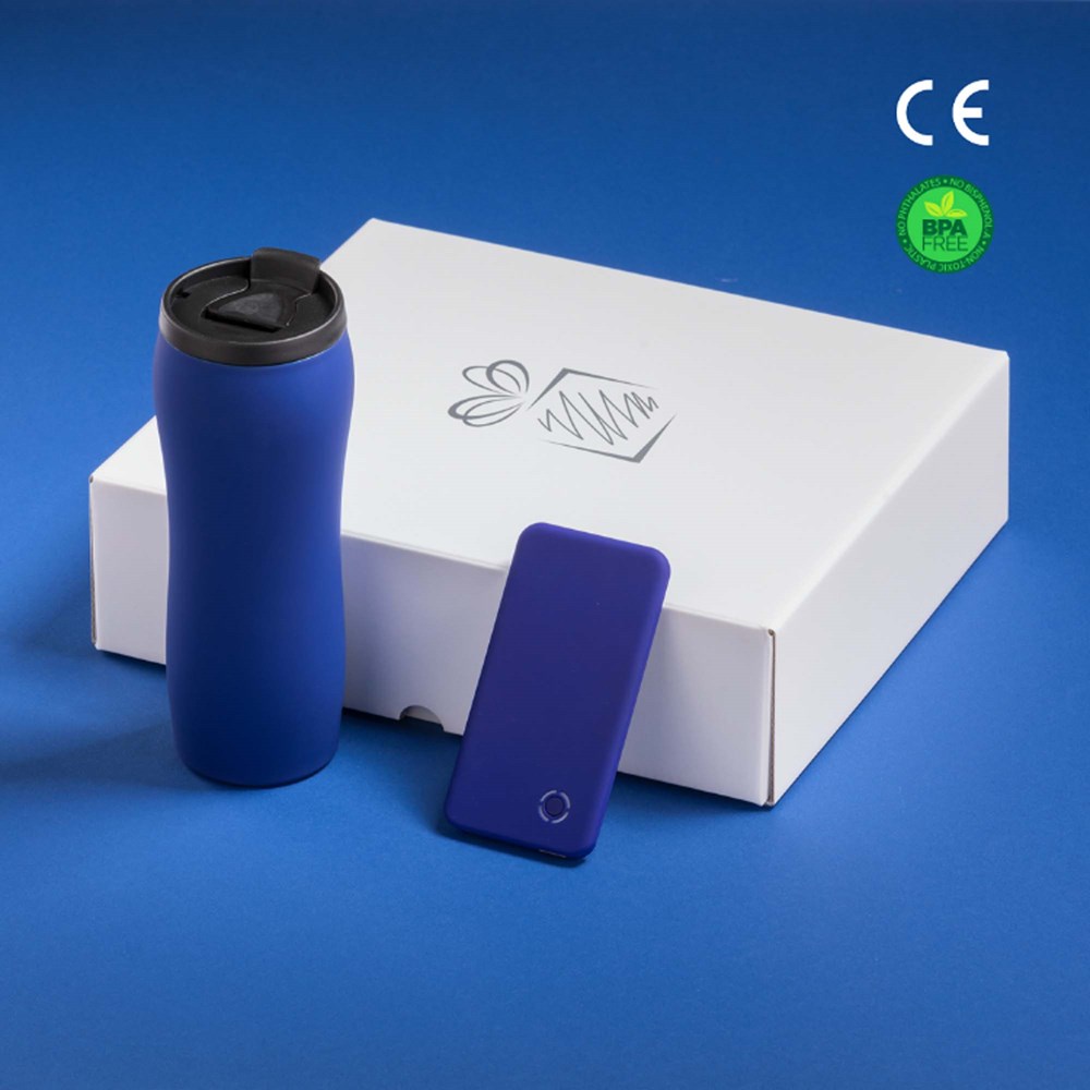 Auto Set: Thermosbecher 450 ml. & Ray Power Bank 4000 Mah - marineblau
