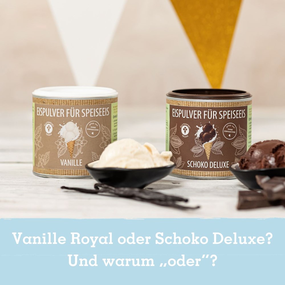 Eismixglas und Eispulver in der Dose im Geschenkkarton