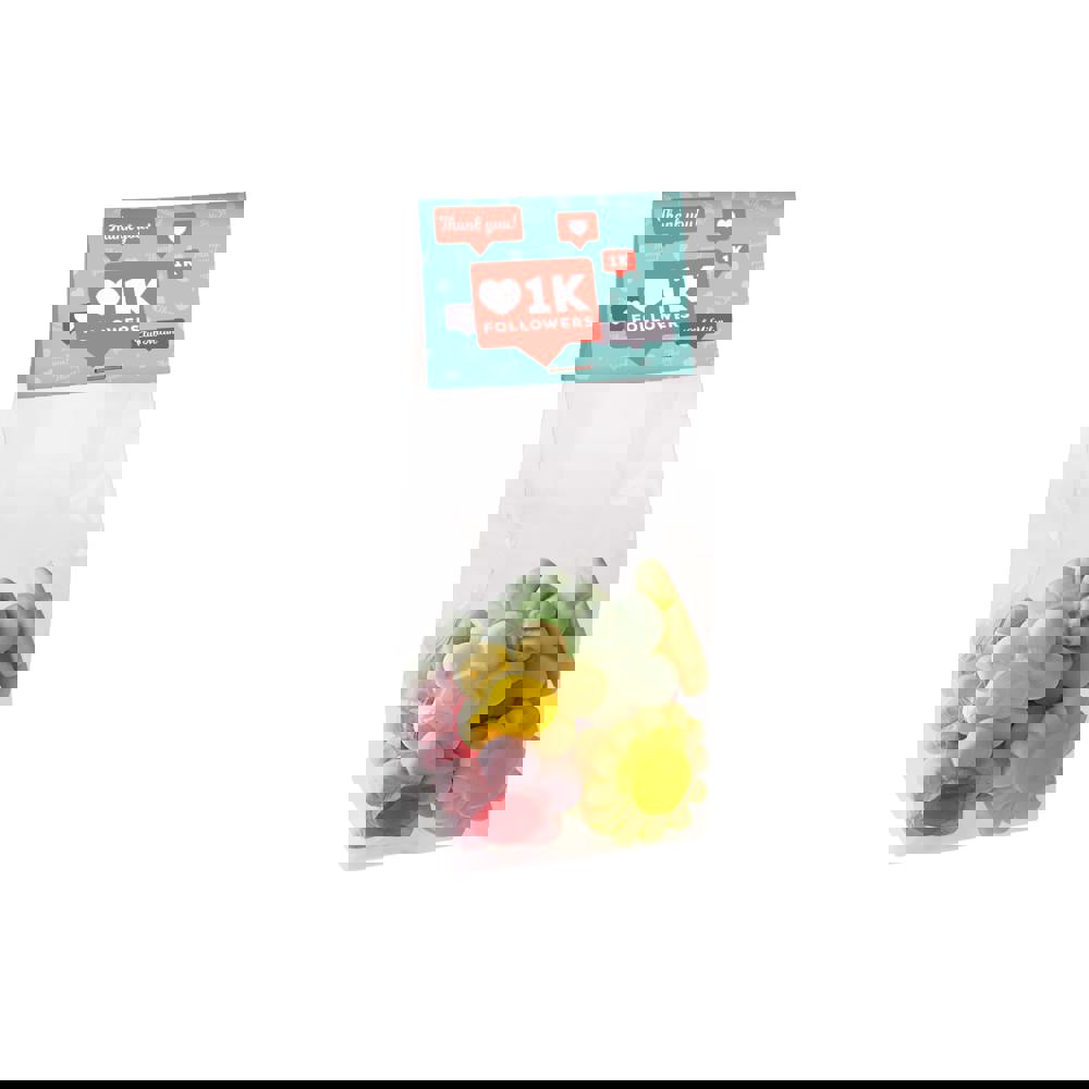 Blockbeutel mit Kopfkarte und 100 Gramm Süssigkeiten - Transparant/weiß