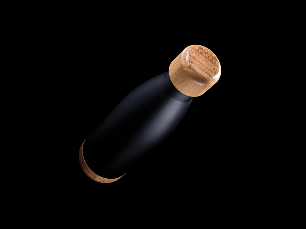 Vakuum Edelstahlfasche mit Deckel und Boden aus Bambus