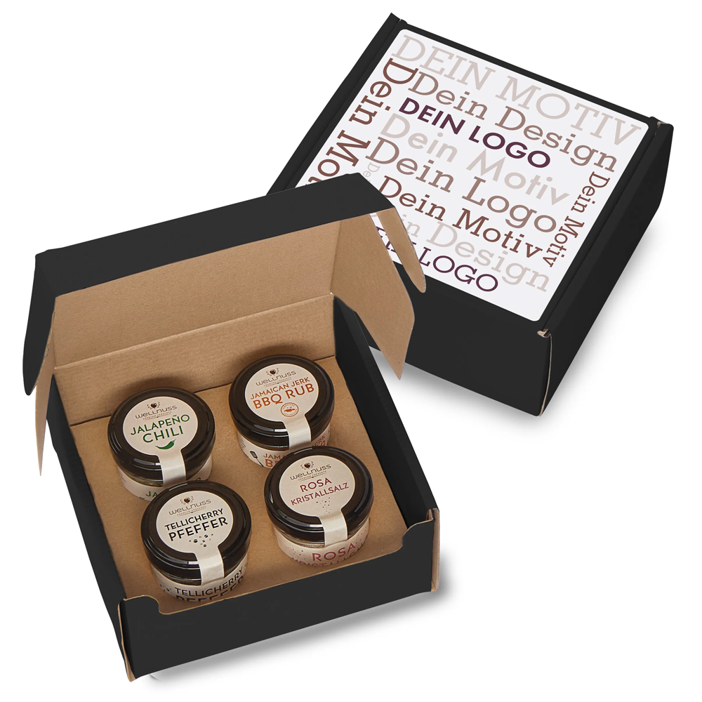 Geschenkkarton mit 4 Gourmet Gewürzen im Glas