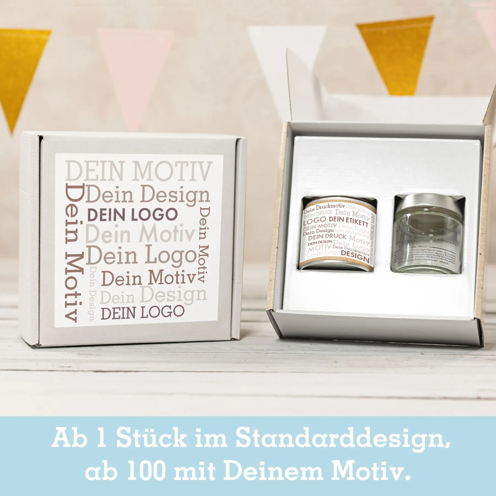 Eismixglas und Eispulver in der Dose im Geschenkkarton