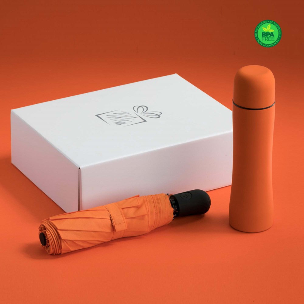 Auto Set: Thermosbecher & Vollautomatischer Regenschirm - orange