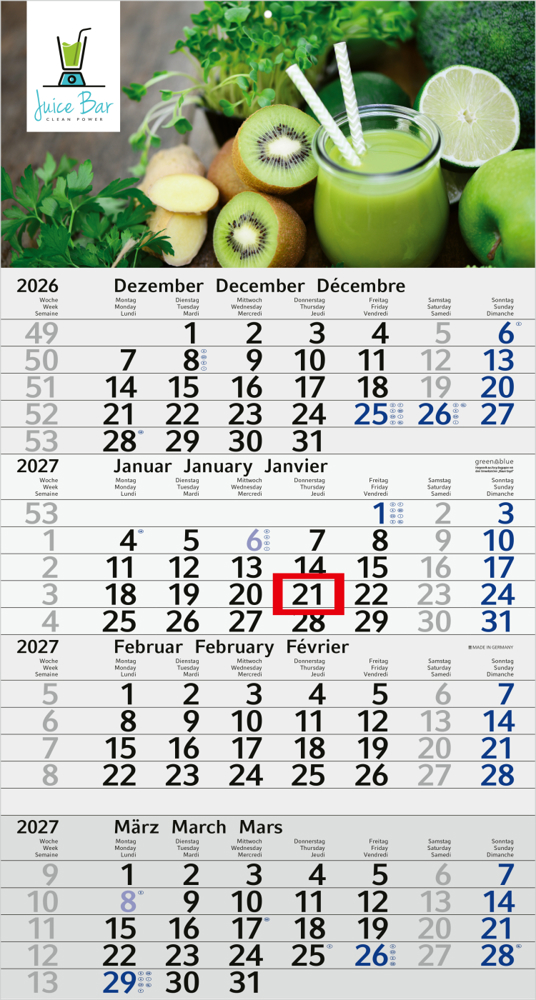 4-Monatskalender Einblatt Budget 4 RECYCLING Schrift modern - Blau