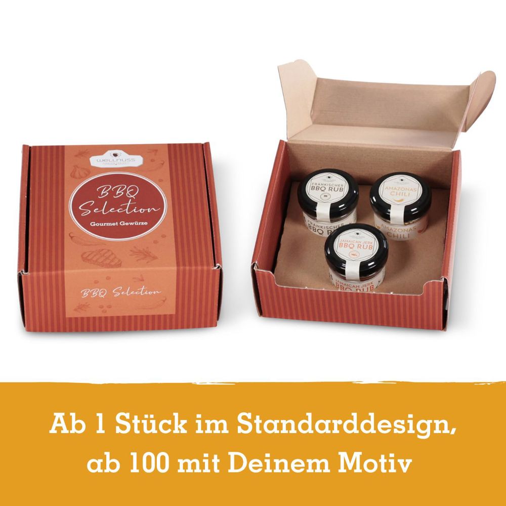 Geschenkkarton mit 3 Gourmet Gewürzen im Glas